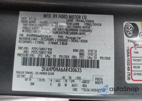 2010 Ford Fusion Se из США, поврежденный, VIN 3FAHP0HA6AR430635